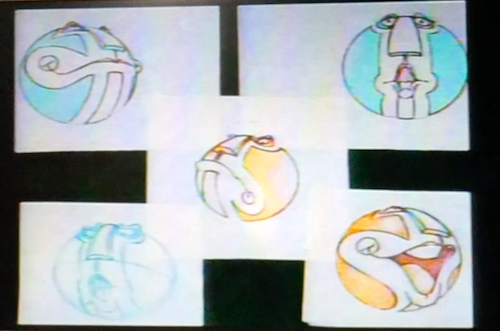 Early storyboard art of Bits as spheres with expressive cartoon faces