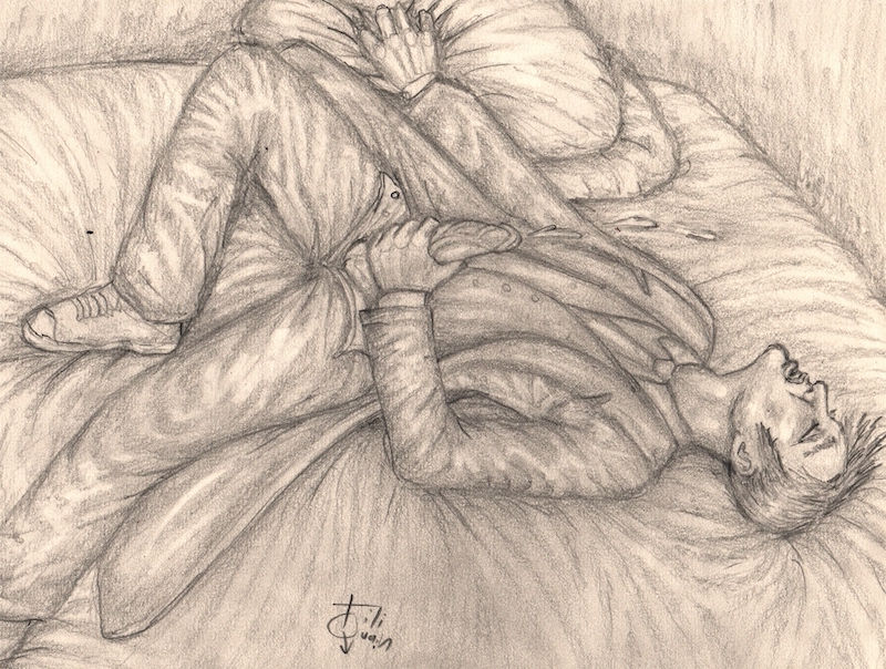 Monochrome graphite drawing on paper. Tenth Doctor is lying on a mattress, on his back, in suit, coat and Converse shoes. One hand clenches on a nearby pillow, the other grips his thick erection which is protruding from his open trousers. His whole body is arched in climax, eyes shut, head tipped back, mouth open, while his ejaculation shoots at least as far as his neck and shoulders
