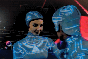 deleted scene from TRON 1982. tron, played by bruce boxleitner, is with his partner yori. she touches the square shaped circuits on his chest like she's ticking boxes on a computer form. they start glowing at her touch. the whole erotic beauty of the scene is completely ruined by text i have added that says: ...box lightener