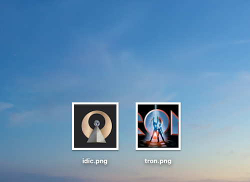 screenshot of two image icons on my desktop. the one called tron.png is a close-up of the O in the 1982 Tron logo, with Tron and Yori's bodies forming a triangle over it as they reach upward. there is a noticeable similarity with the other image, titled idic.png and depicting the Vulcan IDIC (Infinite Diversity in Infinite Combinations) symbol first introduced in Star Trek TOS