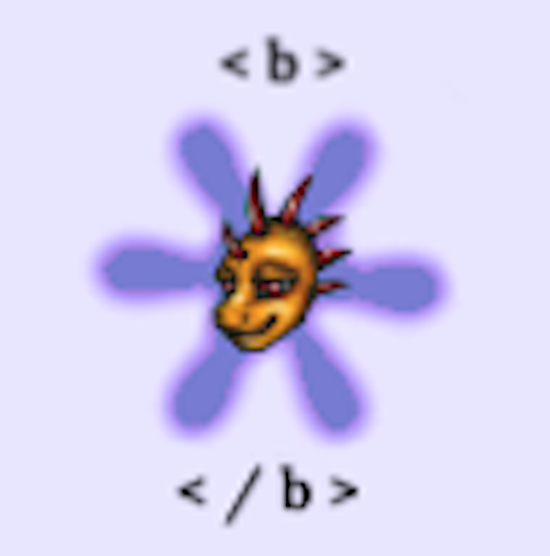light lavender background, with a darker violet asterisk on it. Tiny orange dragon face with red spikes on head, in the center of the asterisk. Above is an opening html tag for "bold," typed in black. Below is the closing html tag for "bold."