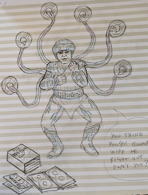 Crom from Tron 1982 in a fighting stance, saying "you think you're gonna wipe me right out don't you?" except he has six tentacles coming out of his back, in the same arrangement as the tentacles on the character Londo Mollari played by the same actor. each tentacle is wielding a disc, but they are flat with holes, more reminiscent of Legacy and Uprising than Tron 1982.  however, an open DVD box set of Babylon 5 on the floor nearby implies that he is in fact wielding the entirety of season 1.
