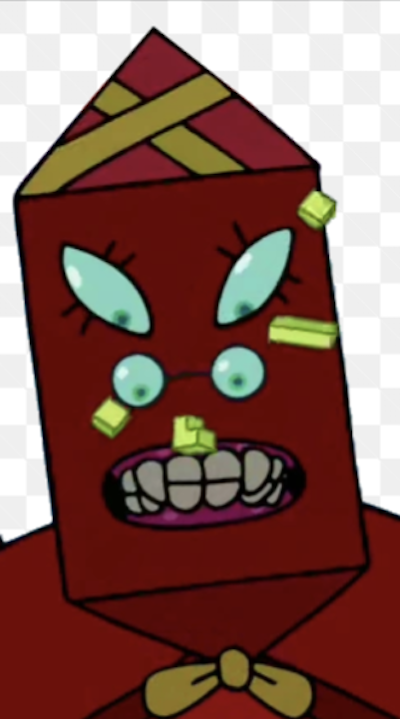 head of the villain Golb from Adventure Time, a red geometric shape resembling the MCP from Tron 1982 but with four eyes