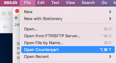 BBEdit file menu, showing the option "Open Counterpart"
