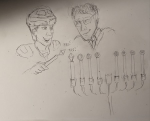 characters Ram and Roy Kleinberg from Tron. in foreground is a menorah with Bits on all the candlesticks, mostly in spheroid null-bit form. Ram is holding the central shamash candle which has a Yes bit on it. as the Yes bit touches the first candle, it says "yes!" and the bit on that candle changes to Yes form and replies with a Yes of its own 
