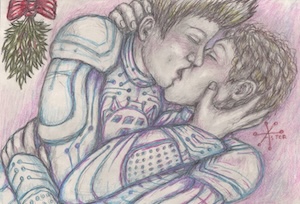 Ram and Tron kissing under mistletoe, colored pencil and graphite on paper