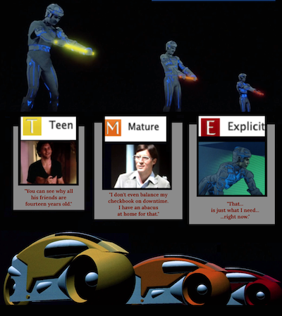Flynn, Tron and Ram with their Lightcycles. Flynn's Cycle is yellow, and he is accompanied by the yellow T for Teen Ao3 rating symbol, and a screenshot of him with his shirt half off, captioned "you can see why all his friends are 14 years old." Tron's Cycle is orange, with the orange M for Mature rating , and Alan at Dillinger's desk, captioned "I don't even balance my checkbook on downtime, I have an abacus at home for that." Ram's Cycle is red, with the red E for Explicit rating, and Ram on all fours in the energy cave, captioned "That is just what I need, right now." 