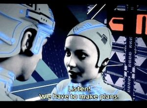 Clip from TRON 1982. Tron finds Yori and takes her aside, saying: Listen! We have to make plans. Where can we go?