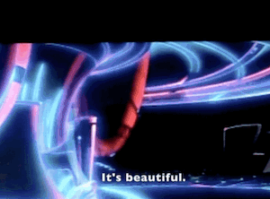 Clip of the cut scene from TRON. Yori's quarters light up with colors and designs. Tron says: It's beautiful. Who let you do this? Yori answers: Nobody. It's very illegal. I can only keep it this way a short time before they catch me.