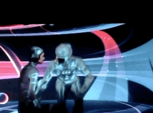 Clip of the cut scene from TRON. Yori and Tron sit down together. Tron says: I can always count on you, can't I. Yori replies: Always.