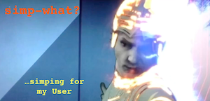 Screenshot of Clu 1 from TRON 1982 against the torture wall. Subtitle added in red for MCP says: Simp-what? Subtitle in yellow for Clu replies: Simping for my User