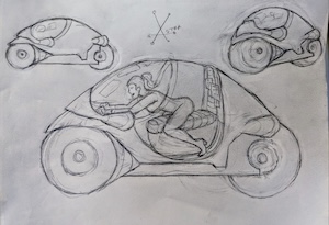 Pencil sketch showing three views of a fully enclosed Lightcycle resembling the ones in TRON 1982, but with a larger interior cabin. First image is from the side, second is from the front at a slight angle, and the third and largest image shows it from the side but partially transparent, revealing the interior and how the humanoid program Aster looks when seated inside it, straddling the seat and leaning forward to clutch the handlebars. Within the closed roof there would be plenty of room for at least one other program to join her.