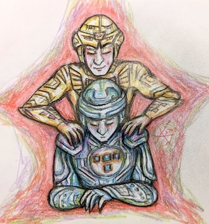 Tron and Clu1, colored pencil drawing on paper, of the pose in measlyscrapsofseafood's challenge, both seen from the front, with Clu behind Tron and his hands on Tron's shoulders. Clu is smiling sadly and Tron's eyes are downcast with a dejected look