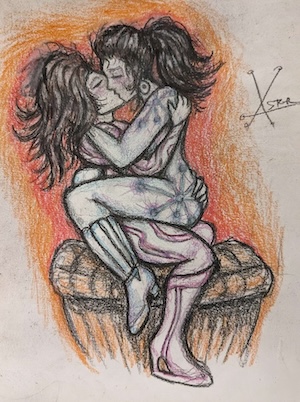 colored pencil drawing of Aster, a feminine humanoid Tron-program in white suit and asterisk-shaped blue circuit patterns, sitting on the lap of Sierra, another feminine program with pink circuits and Legacy-Siren-style shoes. They are facing one another, embracing and kissing. Their hair is very very wild.