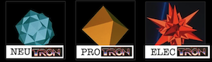 the Bits from TRON 1982. the neutral Bit is labeled NEUTRON, the positive is labeled PROTRON and the negative Bit is labeled ELECTRON, all with the TRON ending in the 1982 logo font.
