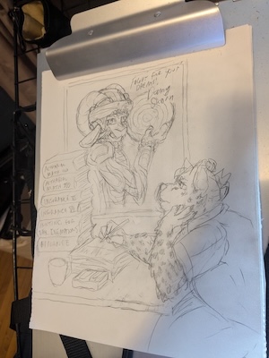 rough sketch of a student at a desk studying with a stack of books related to actuarial math and finance. the student is a grown-up version of the young Jaguar from the opening scene of Zootopia who announced that he was going to be an actuary. he looks up thoughtfully at a poster on his wall of the Zootopia equivalent of Ram from Tron 1982, who is of course an actual ram in Tron-style armor, smiling and holding a disc, under the autograph "fight for your dreams! --Danny Shorn"