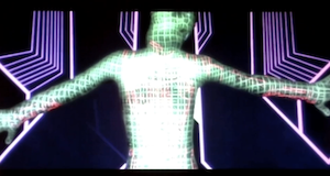 Clu1 reduced to grid lines as he gets derezzed on the energy wall