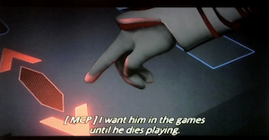Sark's finger over the red button. MCP voiceover saying: I want him in the games until he dies playing.