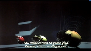 Lightcycles fleeing the grid, announcer voice saying: You must return to game grid.
Repeat, this is an illegal exit.