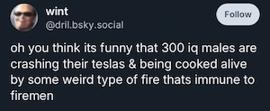 post from "wint @dril.bsky.social": oh you think its funny that 300 iq males are crashing their teslas & being cooked alive by some type of weird fire thats immune to firemen