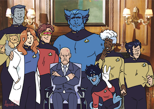 a drawing of several x men characters wearing starfleet uniforms from star trek. from left to right they are colossus, jean grey, cyclops, charles xavier, beast, nightcrawler, storm, and wolverine. the picture is composed as if someone is taking their photo, and the background is a real photo of an ornate wooden wall with two mounted lamps and a painting over the mantle in lieu of a drawn one. Charles has his arms folded and is sneering, annoyed. Colossus has an orange cat plushie, as his costume is meant to be the character Data, Kurt is knelt close to the ground and waving with a big smile, and storm and logan are holding hands while he's looking confused at his outfit.