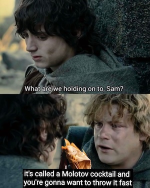Frodo Baggins from Lord of the Rings asking "What are we holding on to, Sam?" Second panel is Samwise Gamgee holding a bottle on fire and explaining "it's called a Molotov cocktail and you're gonna want to throw it fast"