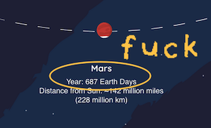 picture of the planet Mars, including the text: Year: 687 Earth Days. Distance from Sun. ~142 million miles (228 million km). the year length has been circled in yellow with the word FUCK added.