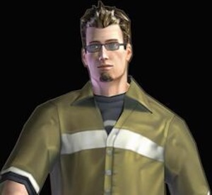 A render of Jet Bradley from Tron 2.0. He's a pale man with short brown/blond hair, wearing glasses and a green button-up shirt over a dark t-shirt.
