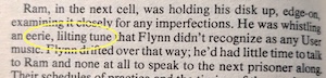 screenshot from the Tron 1982 novelization, which reads: Ram, in the next cell, was holding his disk up, edge-on, examining it closely for any imperfections. He was whistling an eerie, lilting tune that Flynn didn't recognize as any User music. Flynn drifted over that way; he'd had little time to talk to Ram and none at all to speak to the next prisoner along.
