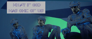 screenshot of Ram, Tron and Flynn in the energy cave, captioned WHAT IF GOD WAS ONE OF US
