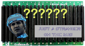 image of a Cromemco S-100 "Blitz Bus" Motherboard with Flynn's confused face and a series of question marks pasted onto it, captioned JUST A STRANGER ON THE BUS