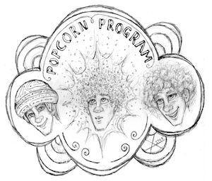 Pencil drawing of three head-only portraits of the character Ram from Tron: 1982. In the first one, he is smiling and wearing his helmet from the movie. In the second one, the helmet is de-rezzing in an explosion effect, disintegrating into tiny bits, and his face has a surprised look. In the final one his hair has been revealed, in the very fluffy curly style that actor Dan Shor had in other films, such as Strange Behavior. His smile is wider and he's blushing a little and looks relaxed. The pictures are surrounded by a border that resembles the puffed shaped of popcorn, and the words "Popcorn Program" are curved over the central image. The artist's signature, an asterisk serving as the A in the name Aster, is in the lower right.
