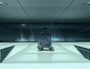 Flynn meditating in his glowy white safehouse in Tron Legacy