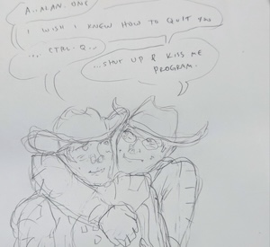 pencil sketch of Alan Bradley holding Tron in the famous pose from Brokeback Mountain. both wearing cowboy hats. tron is blushing and saying: Alan-one... Alan says, I wish I knew how to quit you. Tron replies: Ctrl-Q.... Alan says: shut up and kiss me, program 