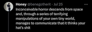 Tweet by Honey @benegotherit:

Inconceivable horror descends from space and, through a series of terrifying manipulations of your own tiny world, manages to communicate that it thinks your hat’s shit