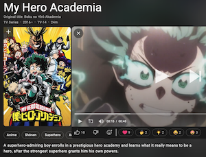 My Hero Academia
Original title: Boku no Hirô Akademia
TV Series • 2016- • TV-14 • 24m

Anime
Shonen
Superhero

A superhero-admiring boy enrolls in a prestigious hero academy and learns what it really means to be a hero, after the strongest superhero grants him his own powers.