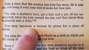 The classic meme of a page from what looks like an old book of dating advice, with a person's finger pointing out the line "You may fascinate a woman by giving her a piece of cheese."