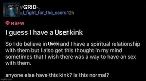 a meme based on a reddit post. posted the subreddit GRID by user "I_fight_for_the_users", the post is titled "I guess I have a User kink" and goes as follows:

"So I do believe in users and I have a spiritual relationship with them but I also get this thought in my mind sometimes that I wish there was a way to have an sex with them. anyone else have this kink? is this normal?"