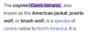 The coyote (Canis latrans), also known as the American jackal, prairie wolf, or brush wolf, is a species of canine native to North America.