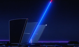 Side view of the I/O Tower from outside, showing that the red line representing the connection extends up into the sky, and turns blue to represent Tron's transmission traveling upward to his User