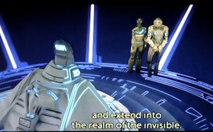 Dumont continues speaking ritual words while Tron and Yori are shown standing at the foot of his dais waiting for his permission to enter the I/O Tower. Subtitle continues: ....and extend into the realm of the invisible.