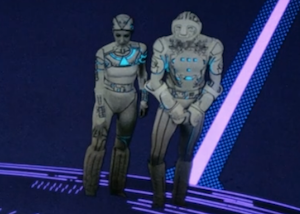 Close-up of Tron's pose as he accepts the ritual words. He is standing with both hands clasped over his groin.
