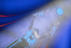 Tron, having entered the I/O Tower to communicate with his User, stands in the light-beam raising his identity disc, which begins to levitate out of his hands.