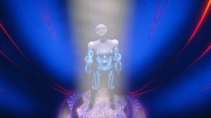 Tron stands in the light beam, watching his disc as it rises up to the top of the I/O Tower.