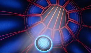 View of the ceiling of the I/O Tower, which consists of a very sphincter-like hole, showing Tron's disc approaching it.