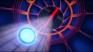 View of the ceiling of the I/O Tower, with the opening beginning to dilate and a beam of light enveloping the disc.