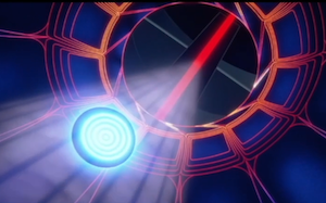 View of the ceiling of the I/O Tower, with the opening fully dilated and a beam of light enveloping the disc; the red line of the connection is visible outside