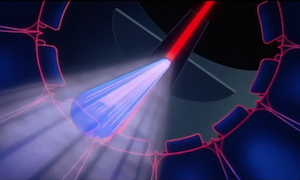 View of the ceiling of the I/O Tower, with the beam of light fully enveloping the disc and beginning to merge it with the red line of the connection that is visible outside