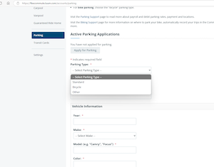 a screenshot of the parking application on luum.com with the pulldown menu selected. it offers the options, Standard, Bicycle and Other 