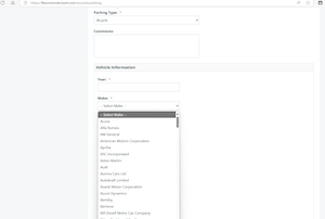 the same application with the next pulldown menu, Make, opened to show that it is a list of car manufacturers. the Bicycle option has been selected above, but there are no bicycle makes on the list. A red asterisk indicates that it is a required field.